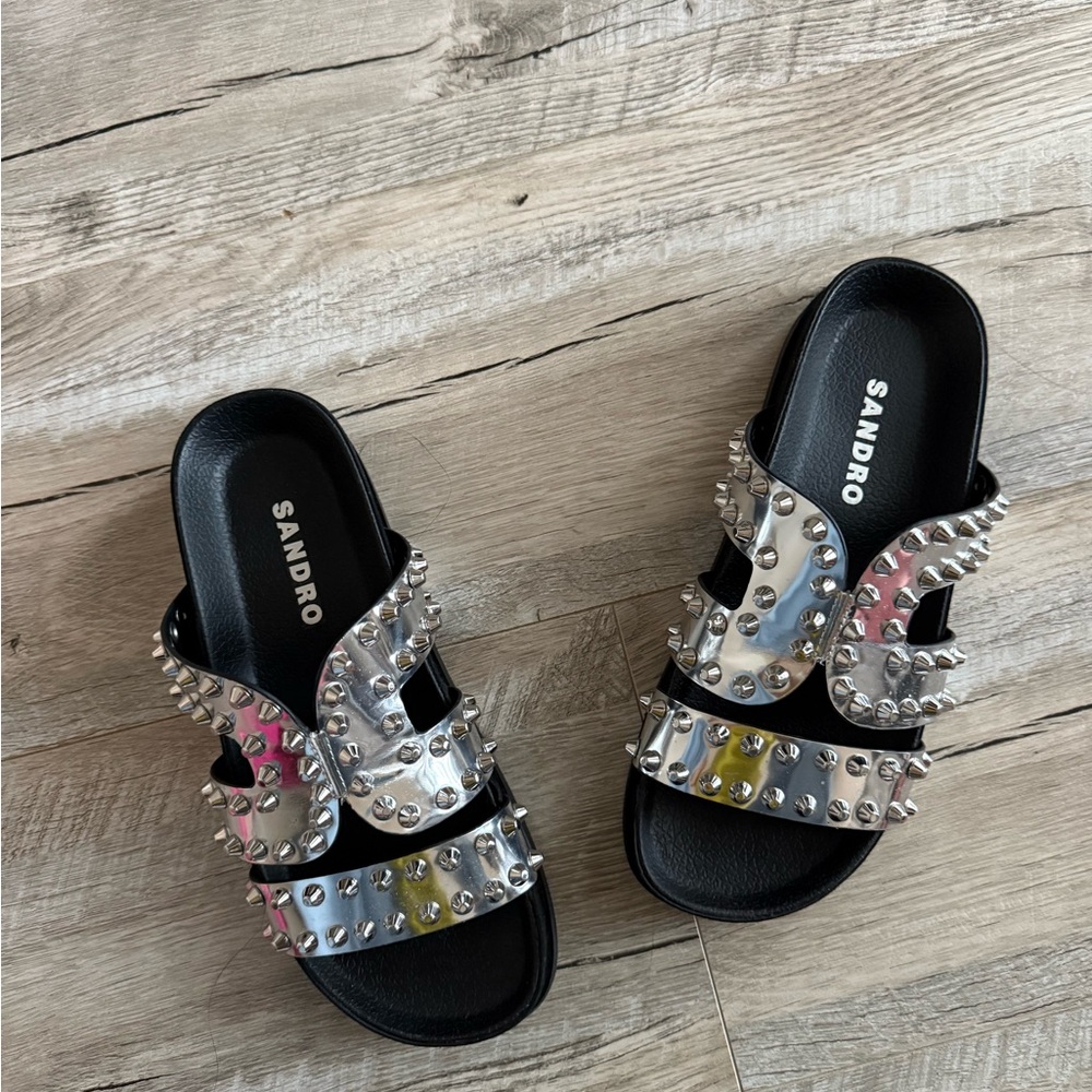 Sandro Black and Silver Studded Slides